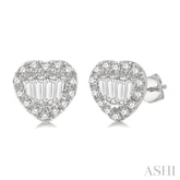 3/8 ctw Heart Shape Baguette Center & Round Cut Diamond Earrings in 14K White Gold